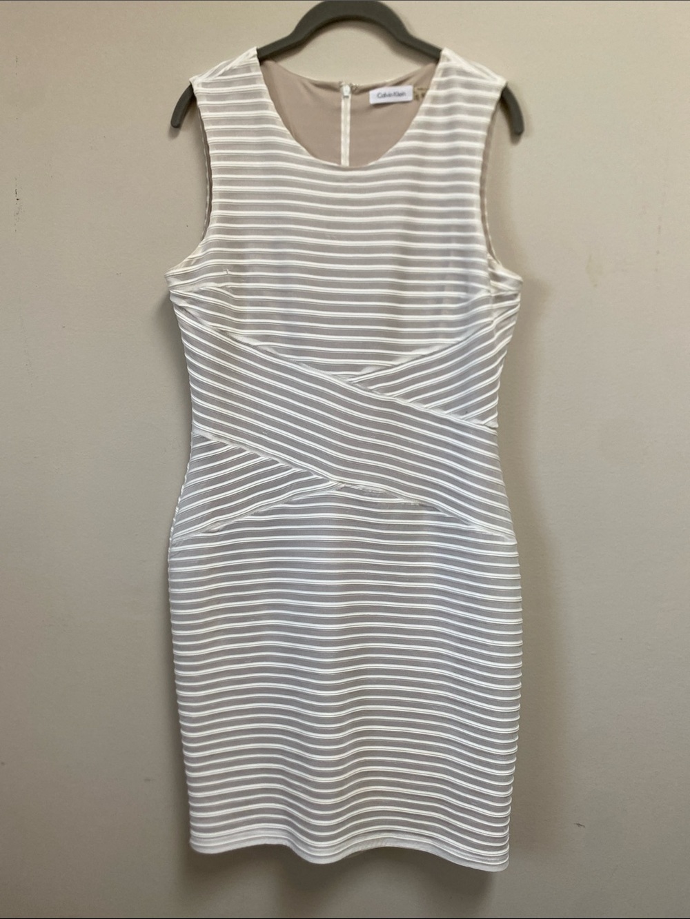 Calvin Klein White and Beige Striped Sleeveless Midi Dress